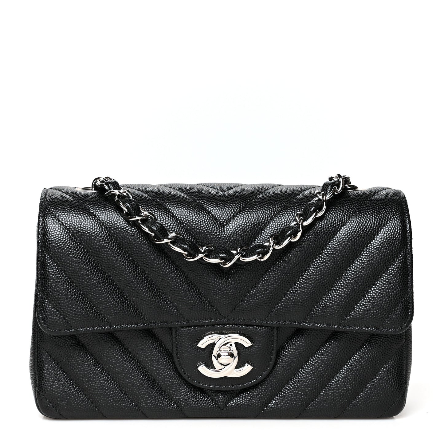 Caviar Chevron Quilted Mini Rectangular Flap Black