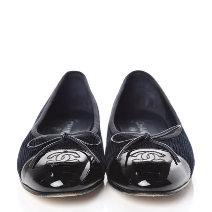 Chanel Velvet Patent Calfskin Cap Toe Ballerina Flats 37.5 Navy Black 2 of 15