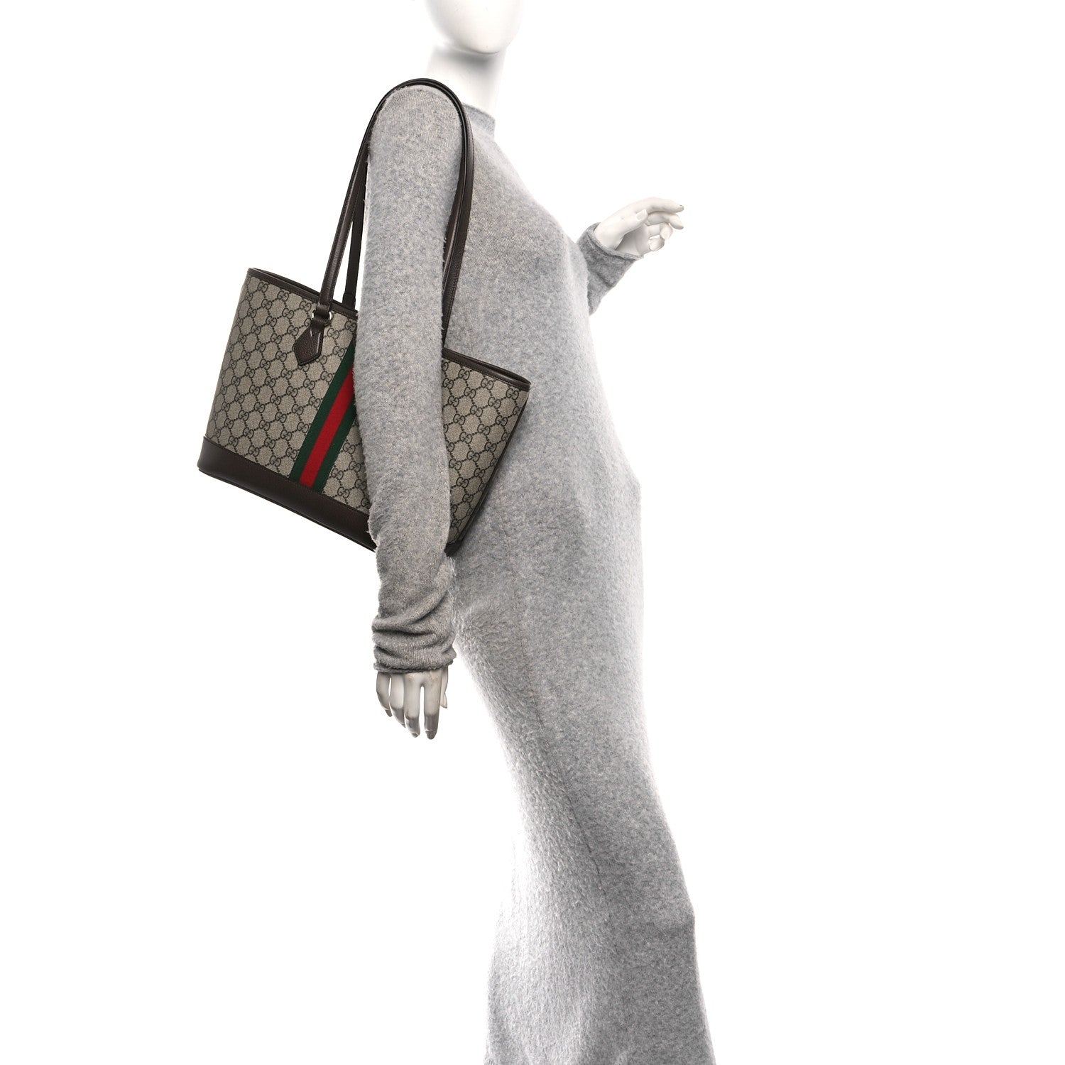 Gucci GG Supreme Monogram Textured Calfskin Web Small Ophidia Shoulder Tote Bag Beige Ebony New Acero 2 of 11