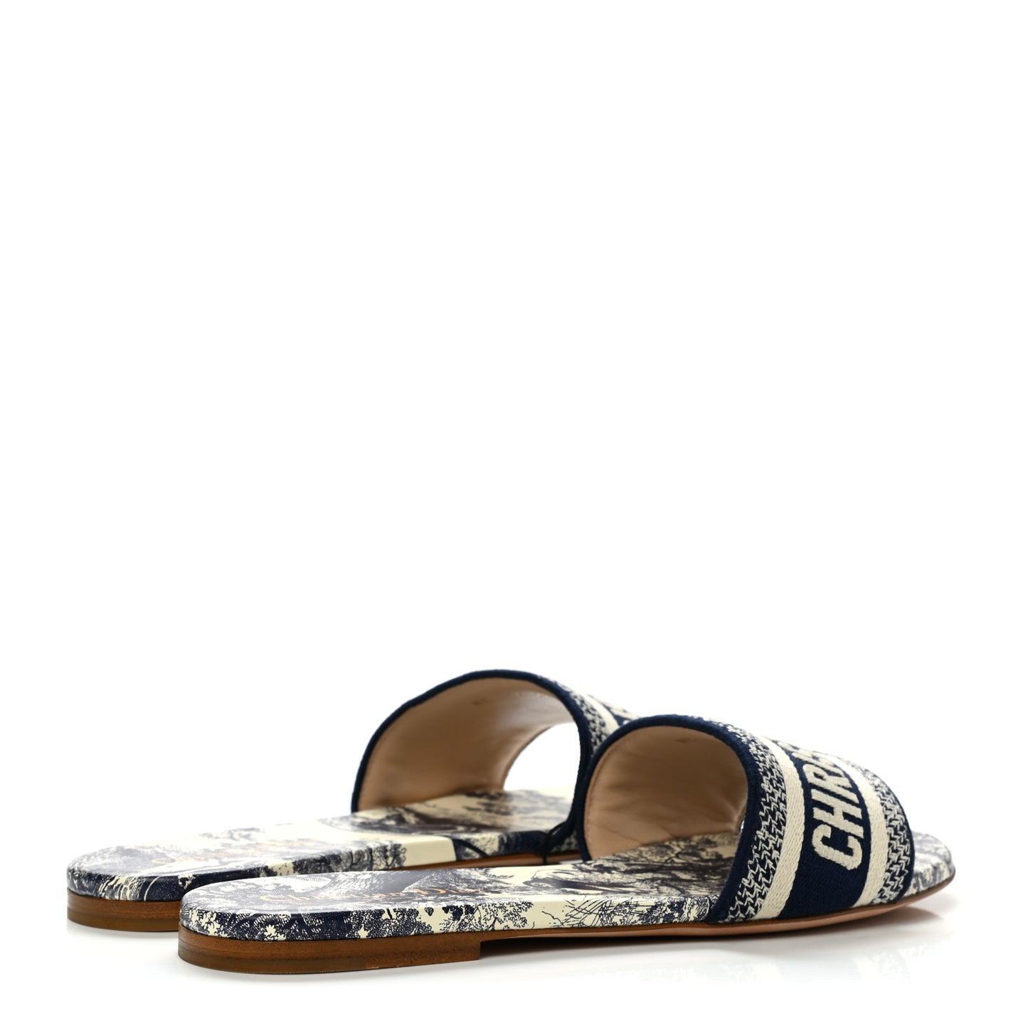 Canvas Toile de Jouy Embroidered Dway Flat Slide Sandals 39 Blue
