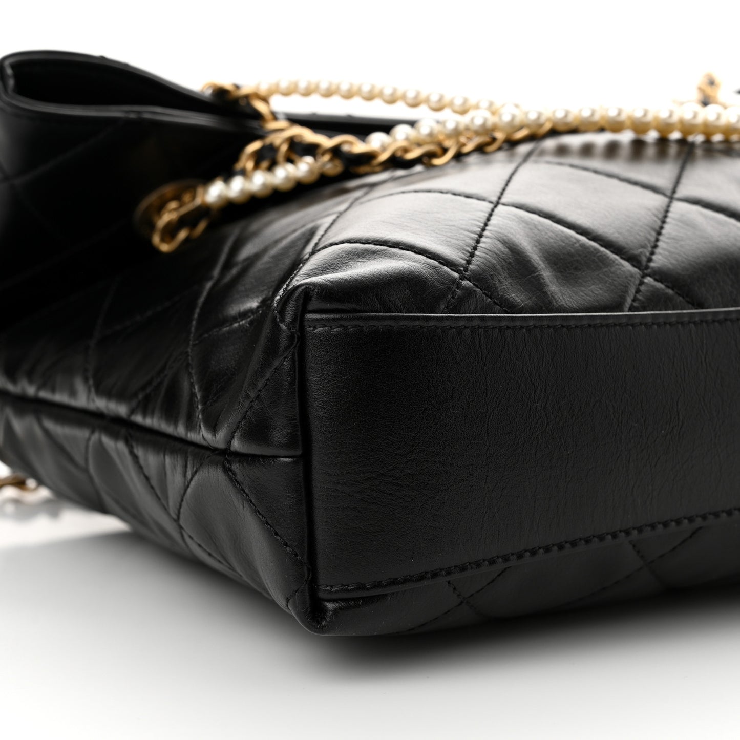 Calfskin Quilted Crystal Pearls Fold Over Shopping Tote Black