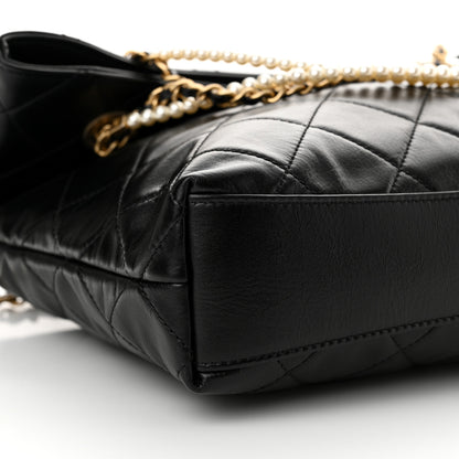 Chanel Calfskin Quilted Crystal Pearls Fold Over Shopping Tote Black 8 of 11