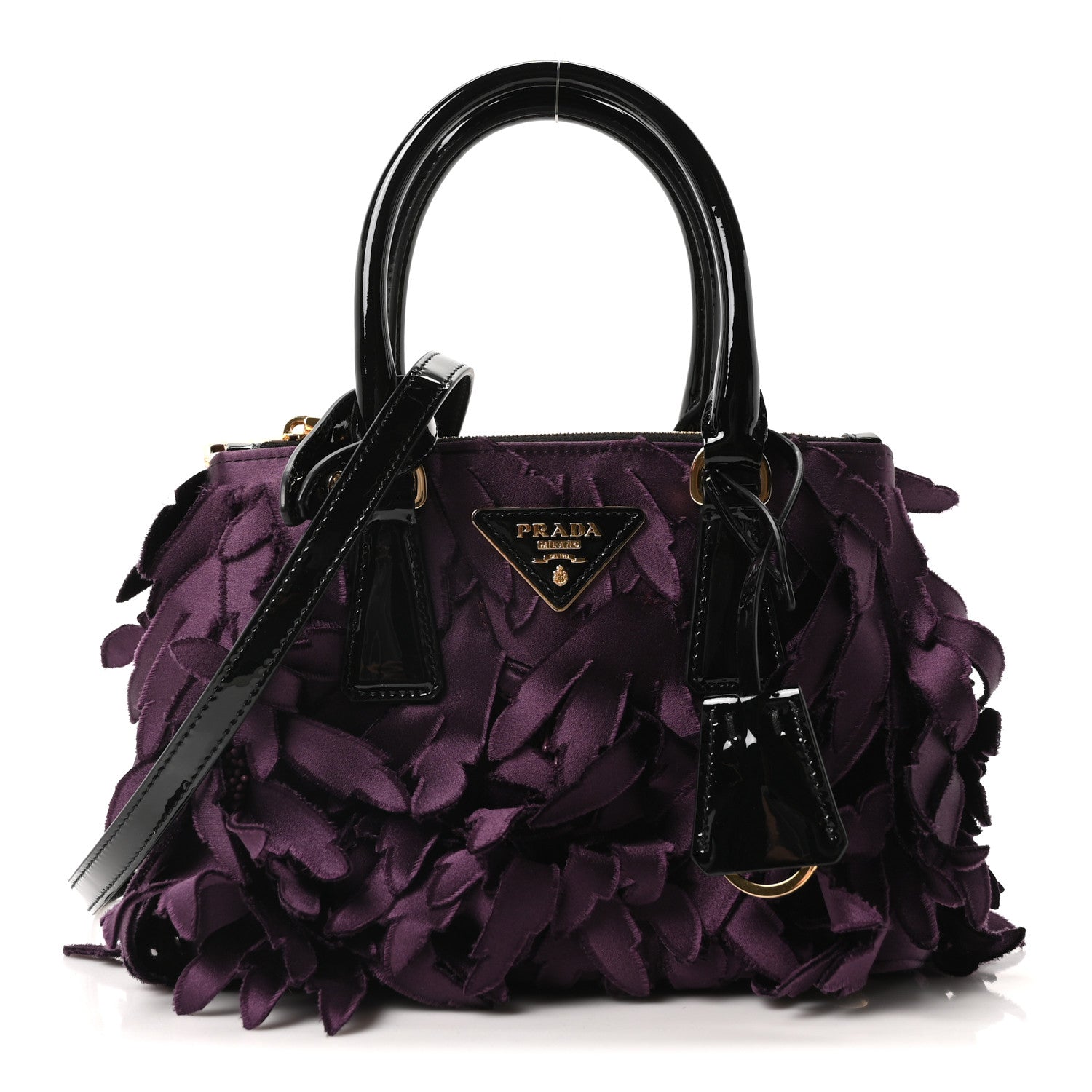 Prada Satin Feathered Vernice Mini Galleria Double Zip Tote Black Prugna 1 of 10