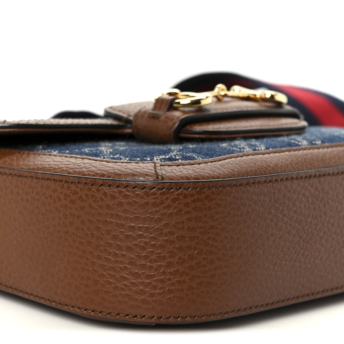 New Denim GG Monogram Dollar Calfskin Web Mini Horsebit 1955 Shoulder Bag Blue Tea Cuir Epilog