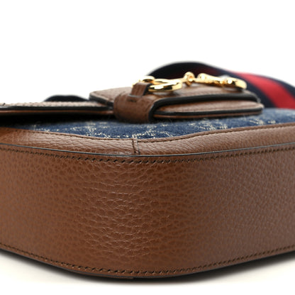 Gucci New Denim GG Monogram Dollar Calfskin Web Mini Horsebit 1955 Shoulder Bag Blue Tea Cuir Epilog 11 of 13