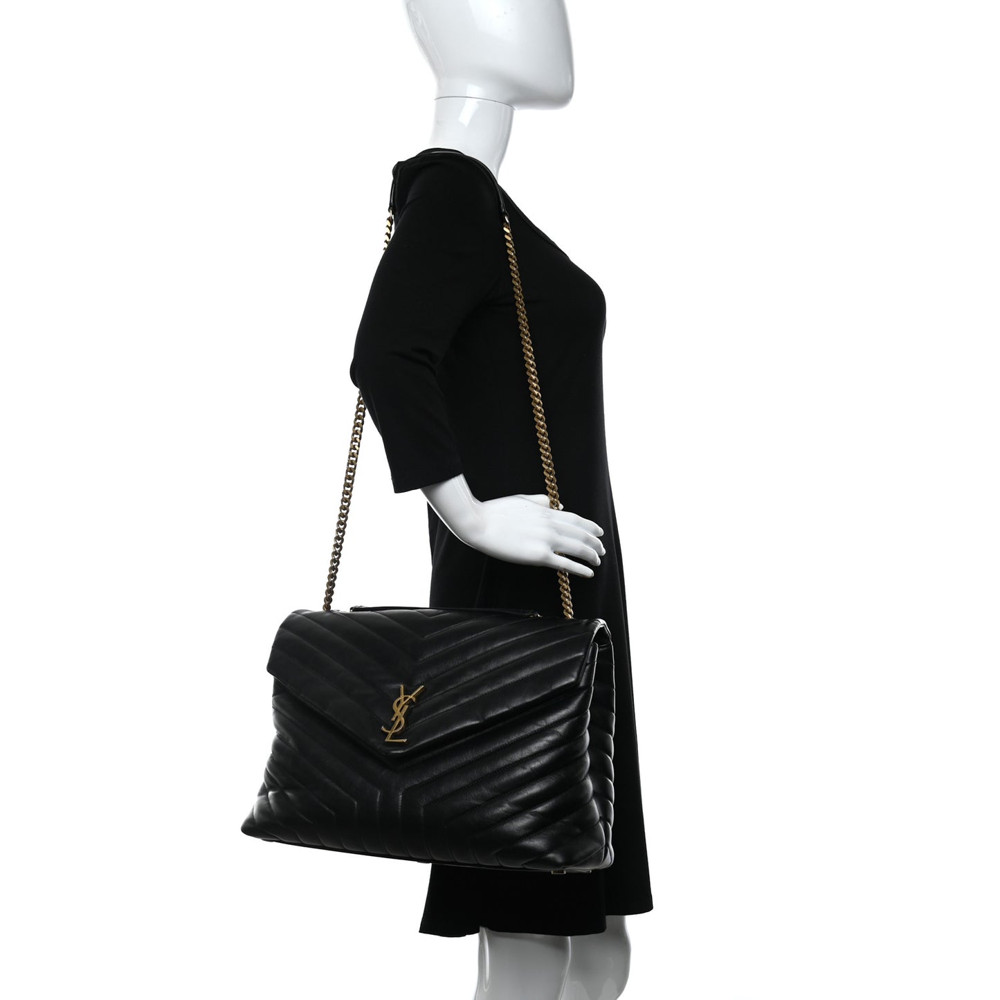 Calfskin Y Quilted Monogram Large Loulou Chain Satchel Black
