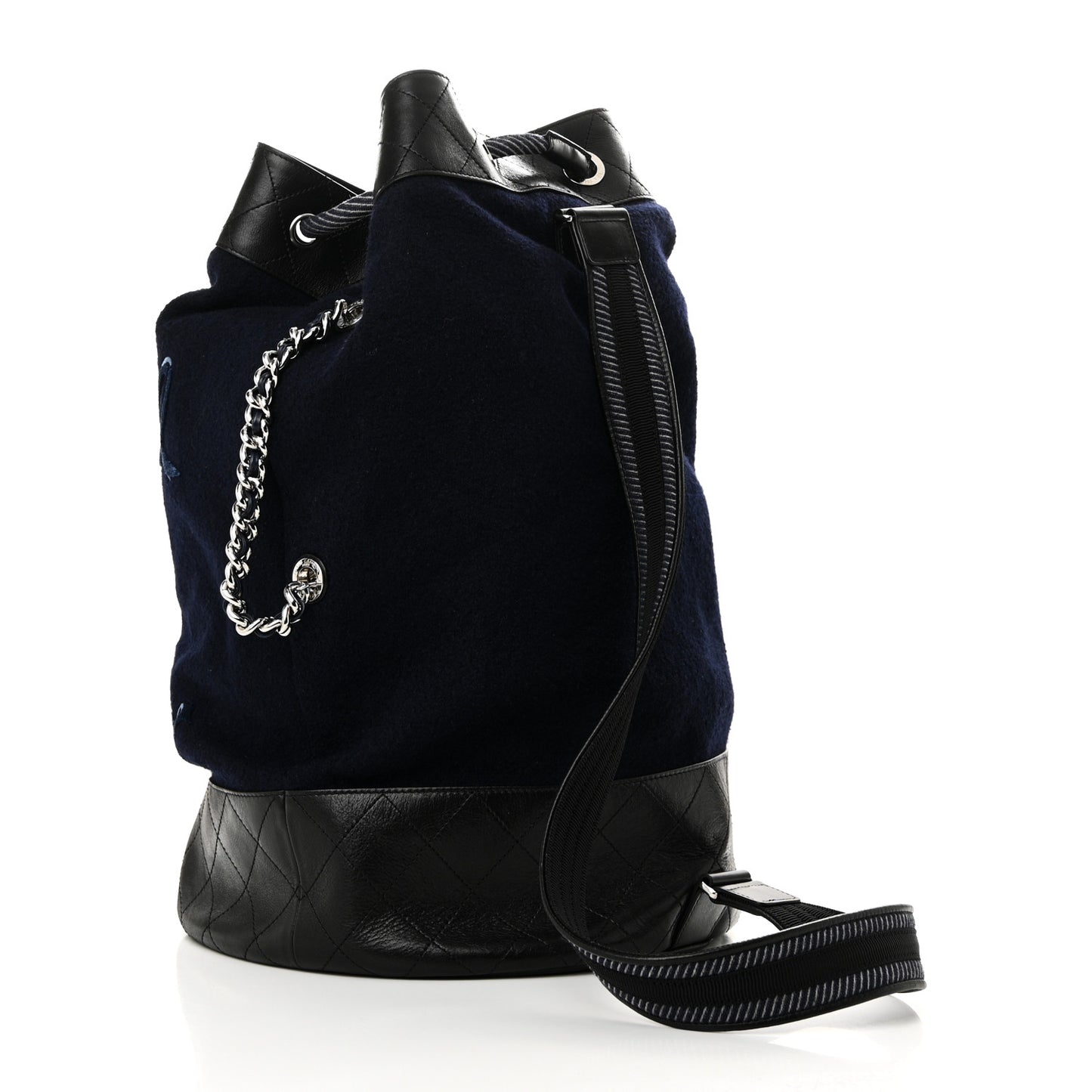 Wool Calfskin Embroidered Paris Hamburg Drawstring Backpack Navy Blue