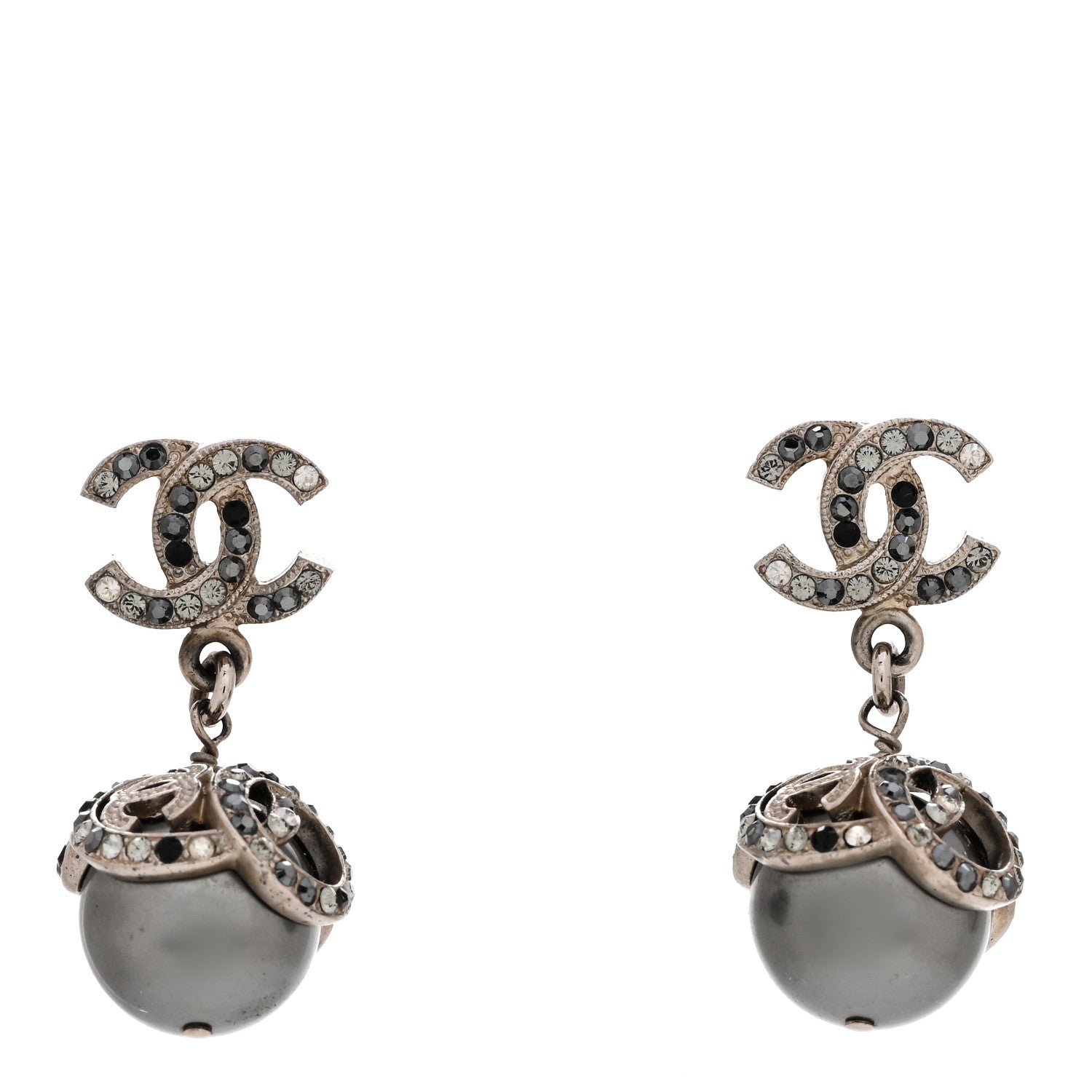 Chanel Crystal Pearl CC Drop Earrings Silver Grey 1 of 5