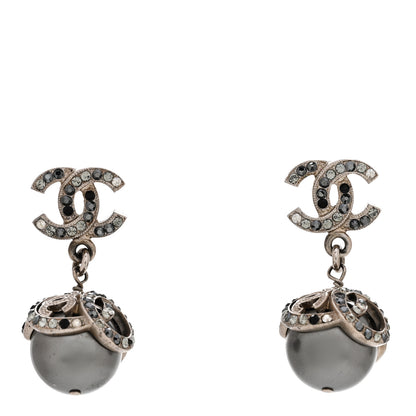 Chanel Crystal Pearl CC Drop Earrings Silver Grey 1 of 5