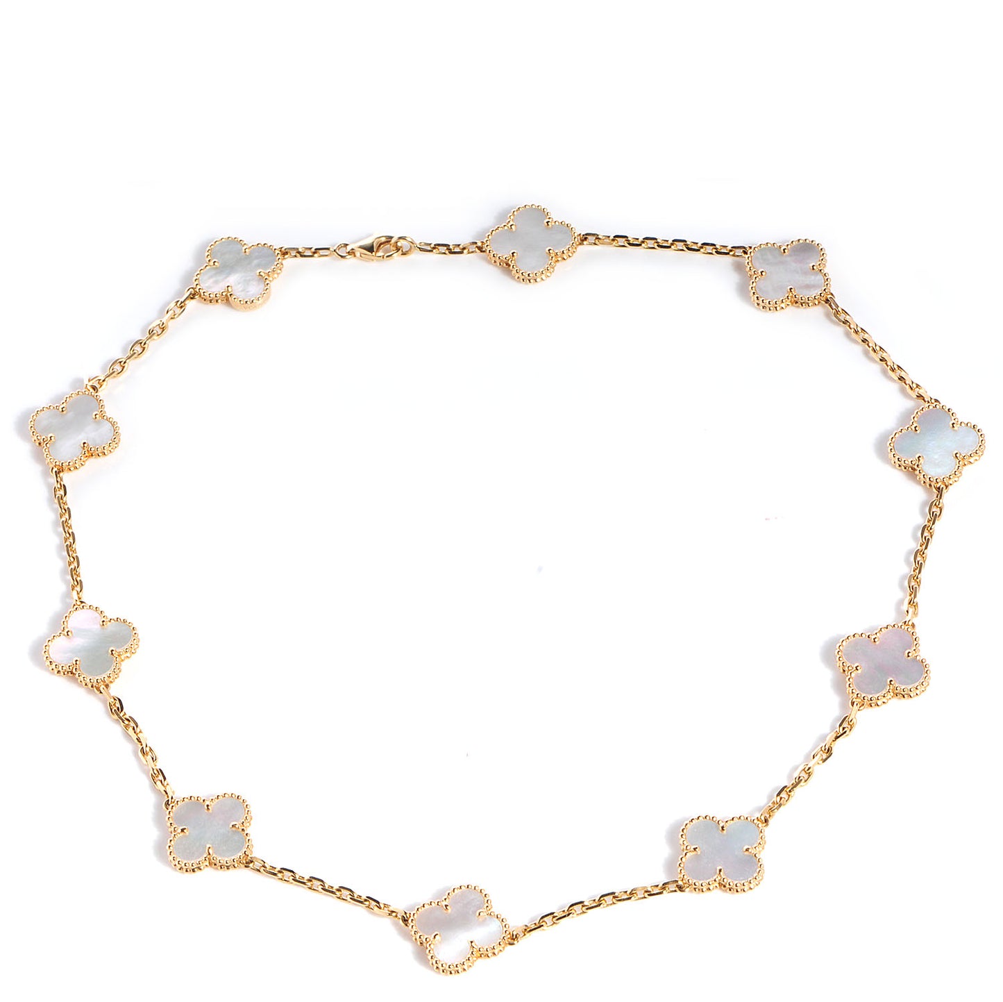 18K Yellow Gold Mother of Pearl 10 Motifs Vintage Alhambra Necklace