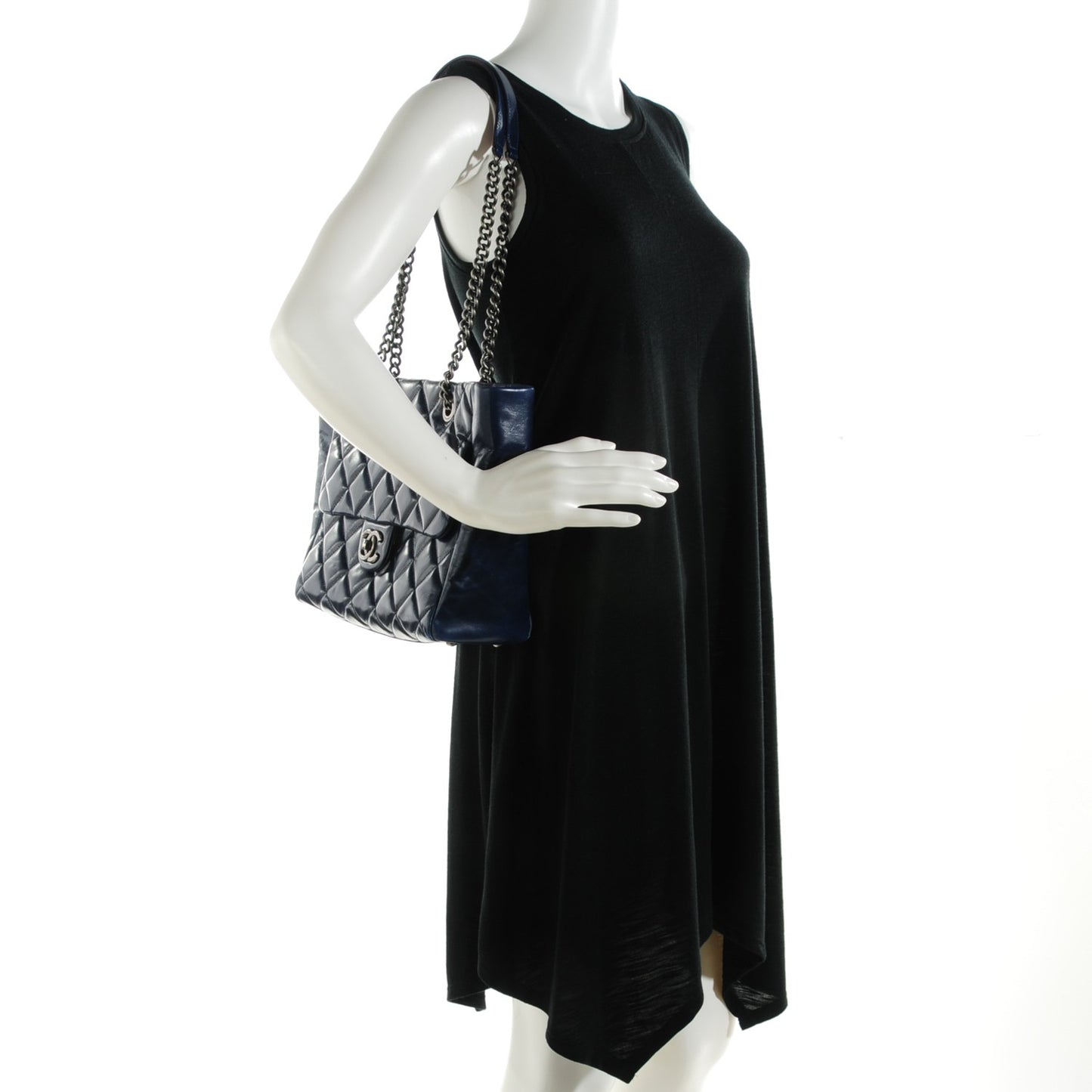 Glazed Calfskin Quilted Small Duo Color Tote Dark Navy Blue