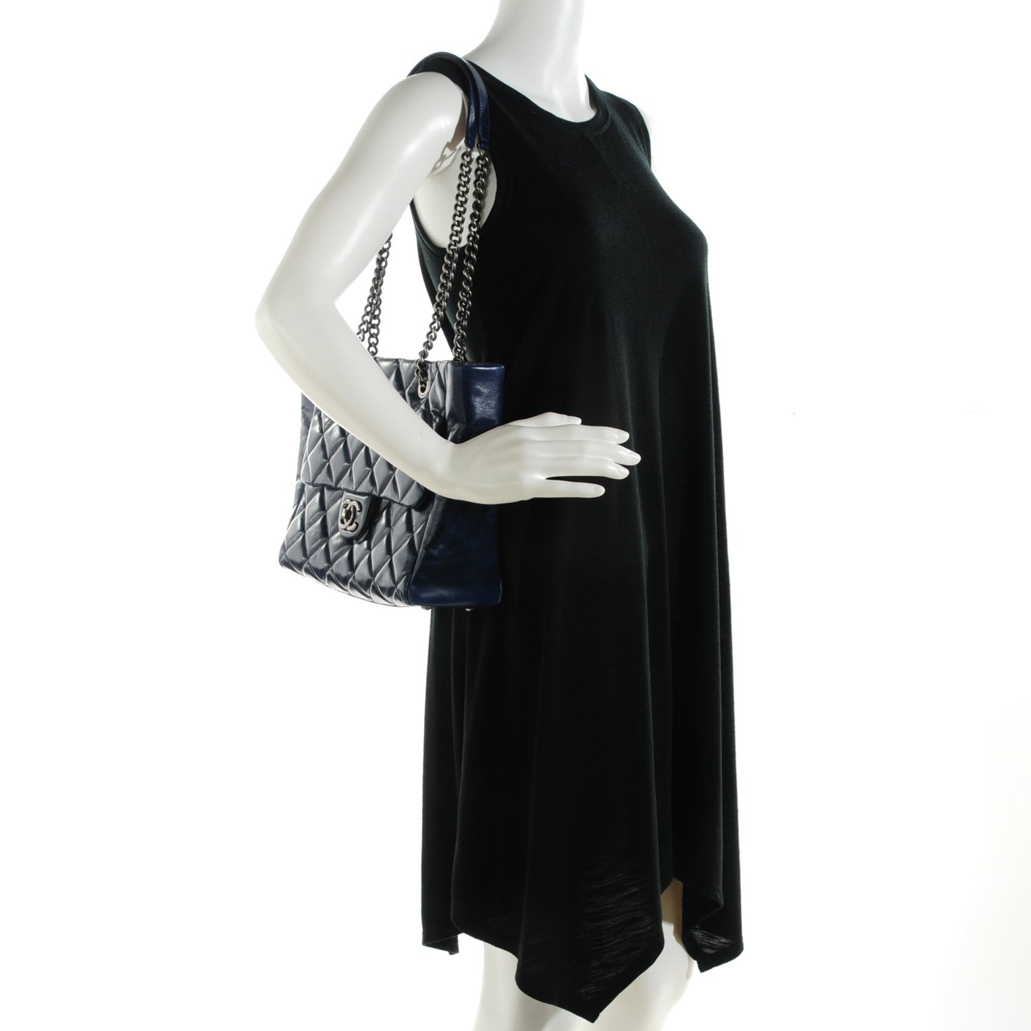 Chanel Glazed Calfskin Quilted Small Duo Color Tote Dark Navy Blue 2 of 7