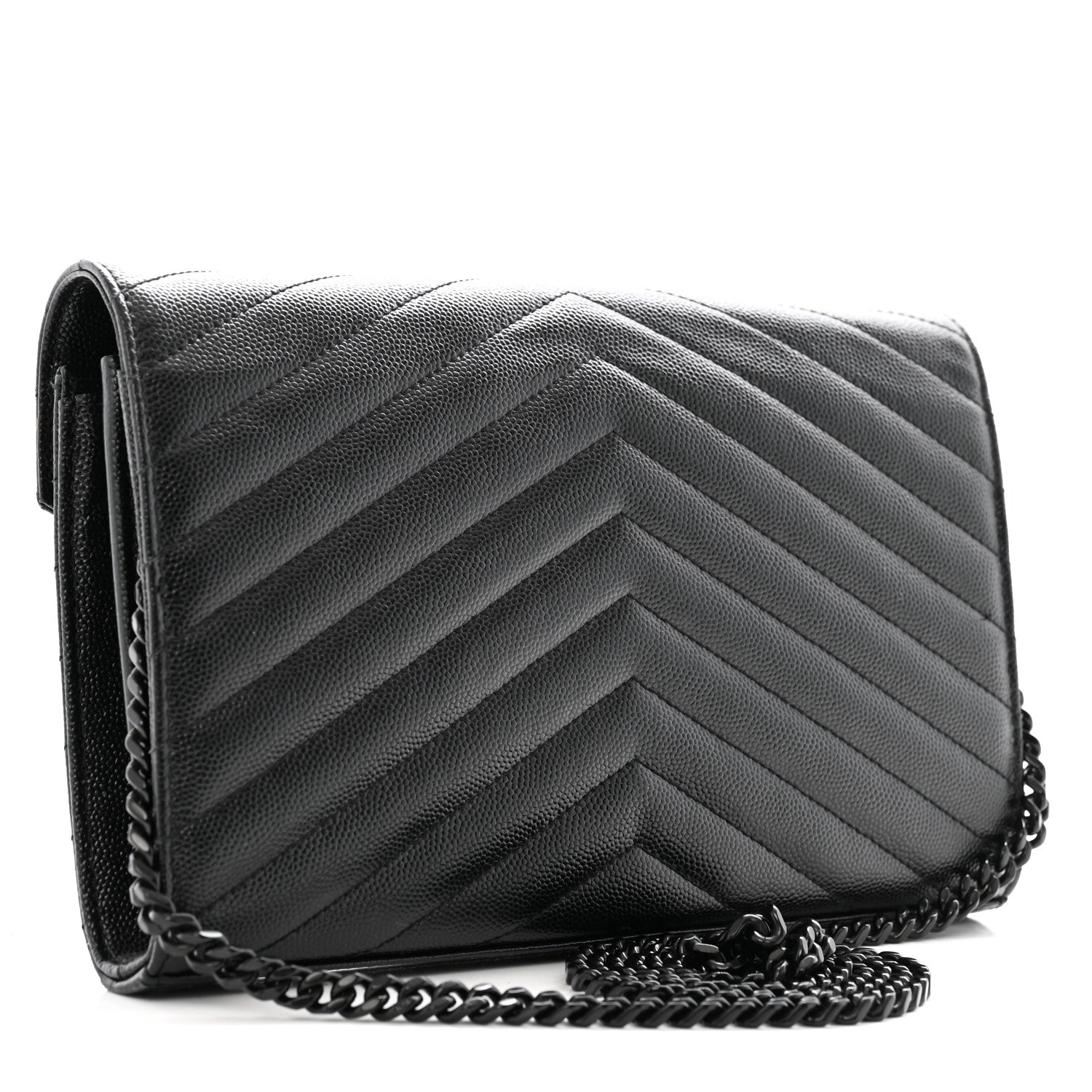 Saint Laurent Grain De Poudre Matelasse Chevron Monogram Monochrome Chain Wallet Black 3 of 13