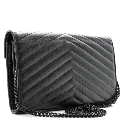 Saint Laurent Grain De Poudre Matelasse Chevron Monogram Monochrome Chain Wallet Black 3 of 13