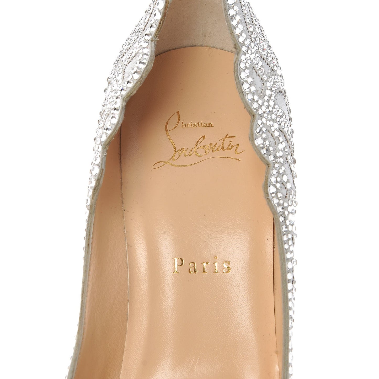 Calfskin Scalloped Lace Crystal Top Vague 100 Pumps 39 White