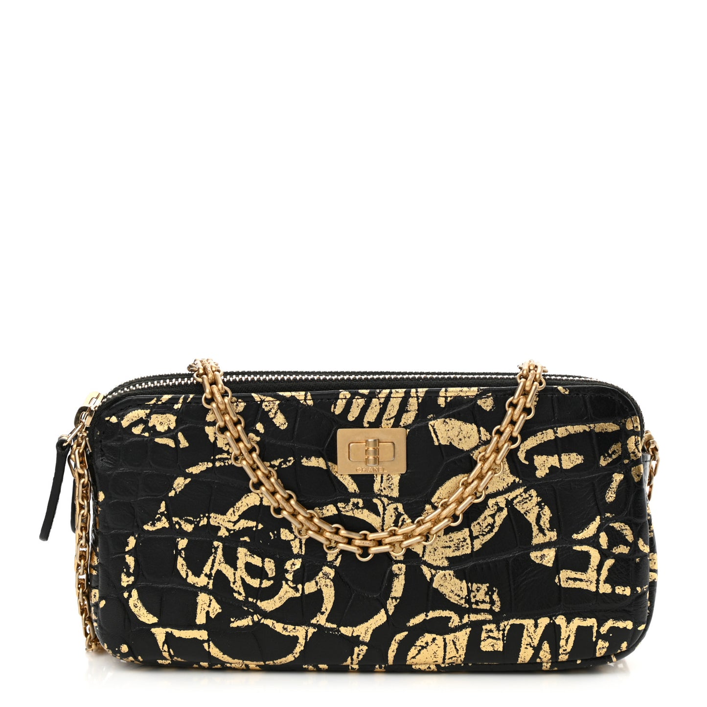 Calfskin Crocodile Embossed Graffiti 2.55 Cocodile Reissue Clutch With Chain Black Gold