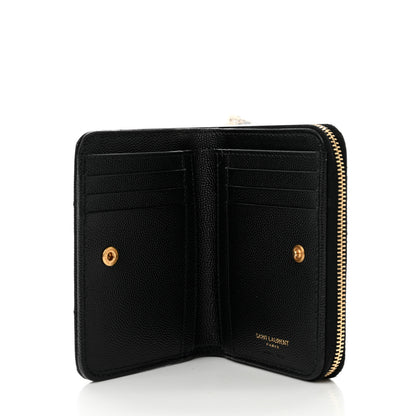 Saint Laurent Grain De Poudre Matelasse Chevron Monogram Compact Zip Around Wallet Black 5 of 7