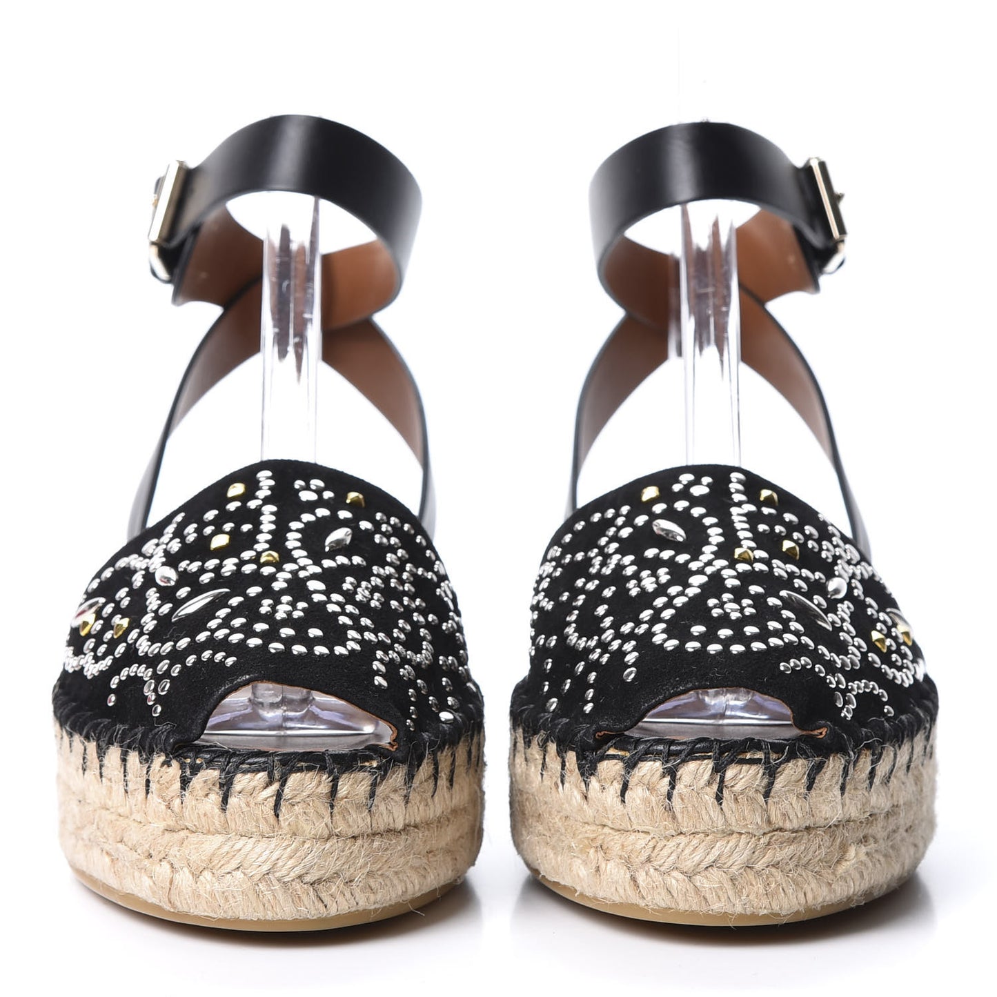Suede Studded Peep Toe Ankle Wrap Flatform Espadrilles 40 Black