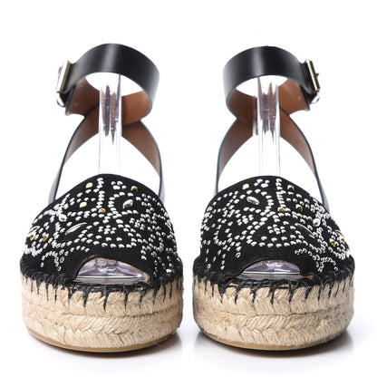 Valentino Garavani Suede Studded Peep Toe Ankle Wrap Flatform Espadrilles 40 Black 2 of 10