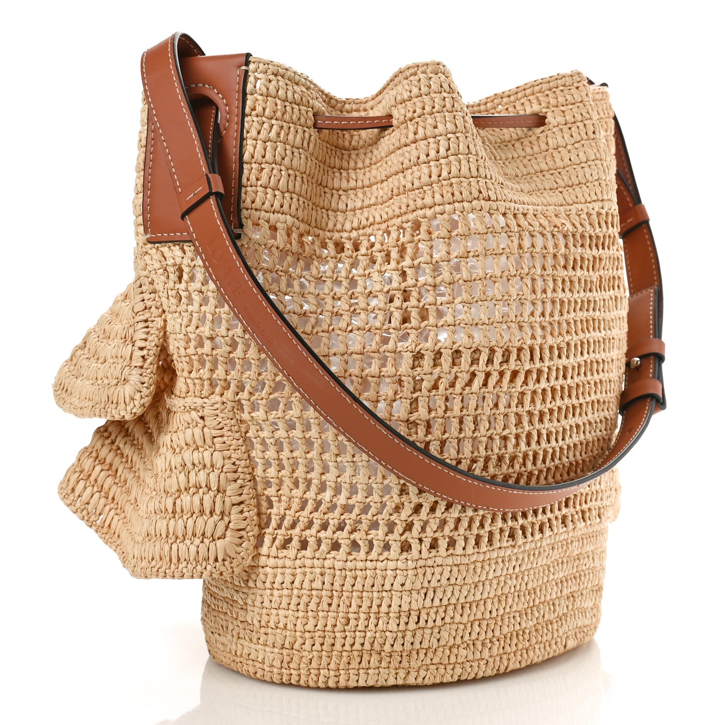Raffia Calfskin Balloon Ruffles Bucket Bag Natural Tan