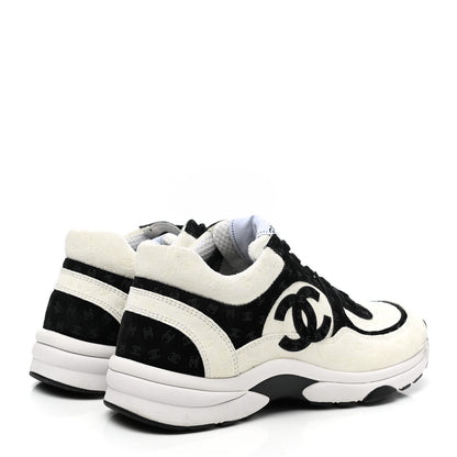 Chanel Suede Calfskin Womens CC Printed Sneakers 37.5 White Black 4 of 7