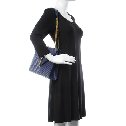 Saint Laurent Grain De Poudre Matelasse Chevron Large Monogram Satchel Blue 2 of 12