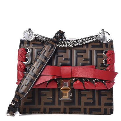 Fendi Vitello Shiny Nappa Bi-Color FF 1974 Lace Up Bow Embossed Small Kan I Shoulder Bag Maya Black Fragola 1 of 7