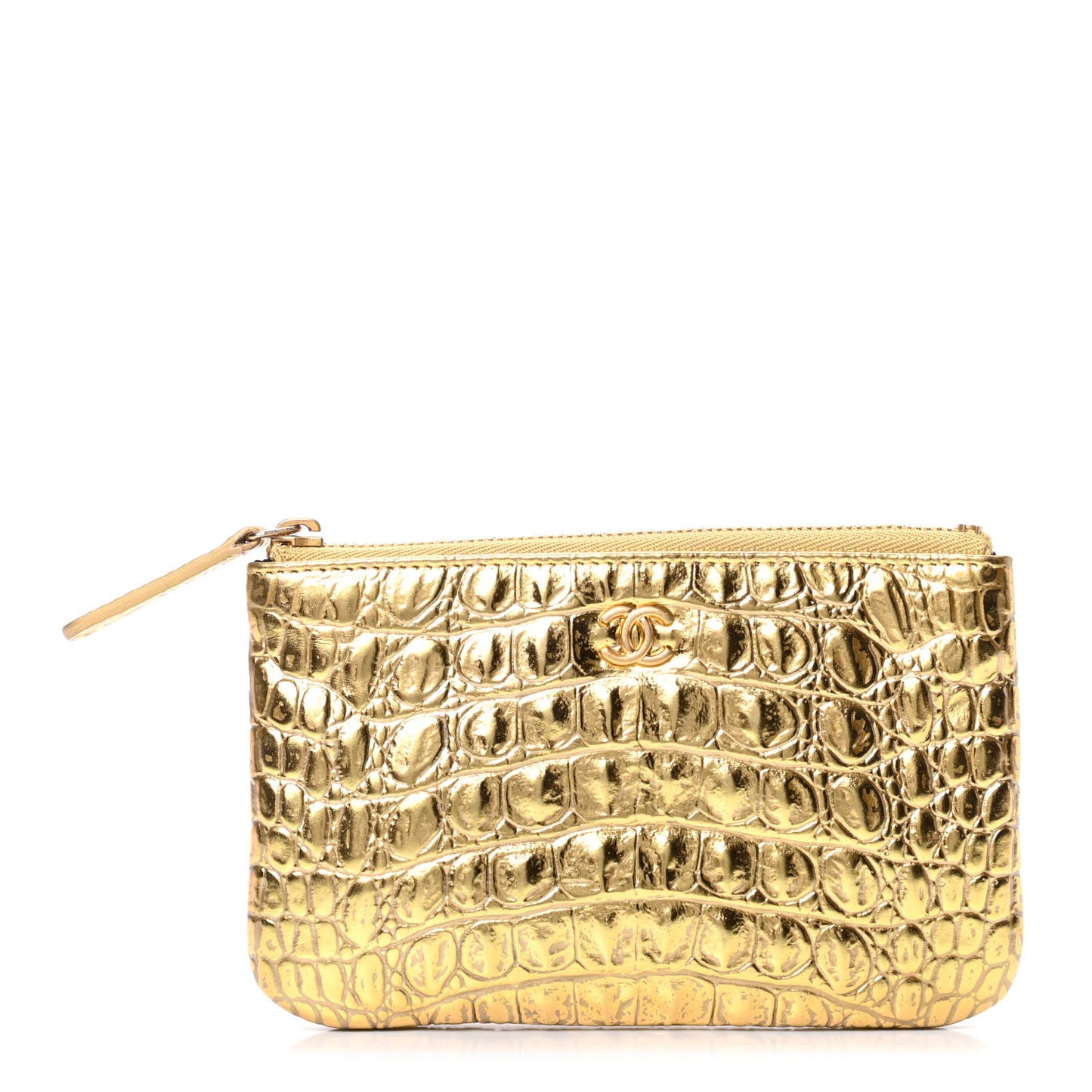 Metallic Calfskin Crocodile Embossed Cocodile Cosmetic Case Gold