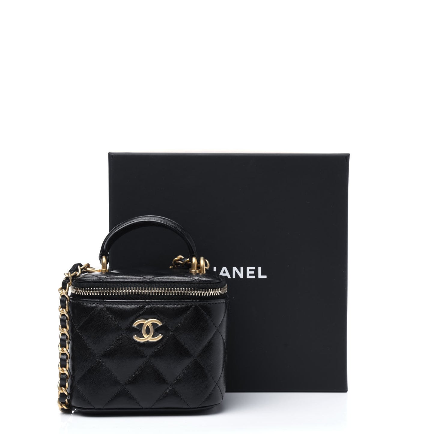 Lambskin Quilted Top Handle Mini Vanity Case With Chain Black