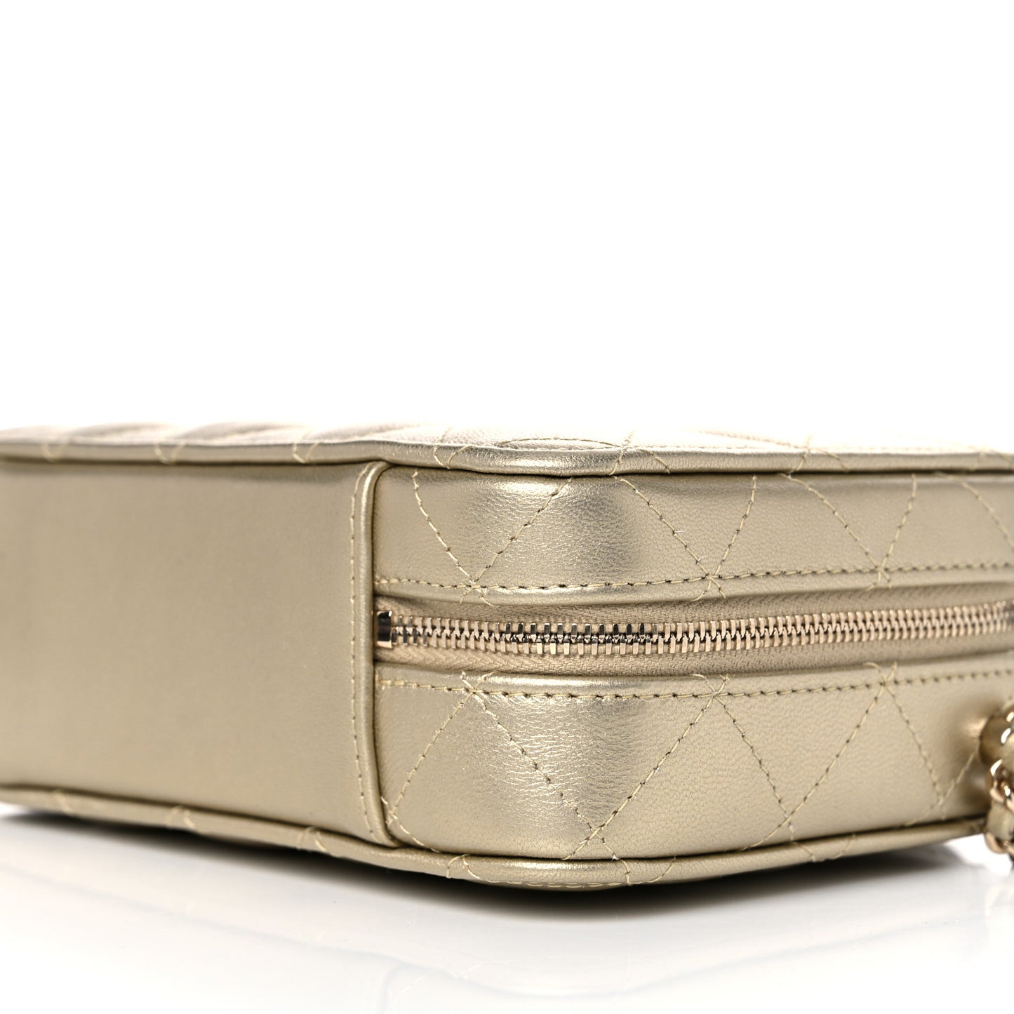 Metallic Lambskin Quilted Top Handle Vanity Case Gold