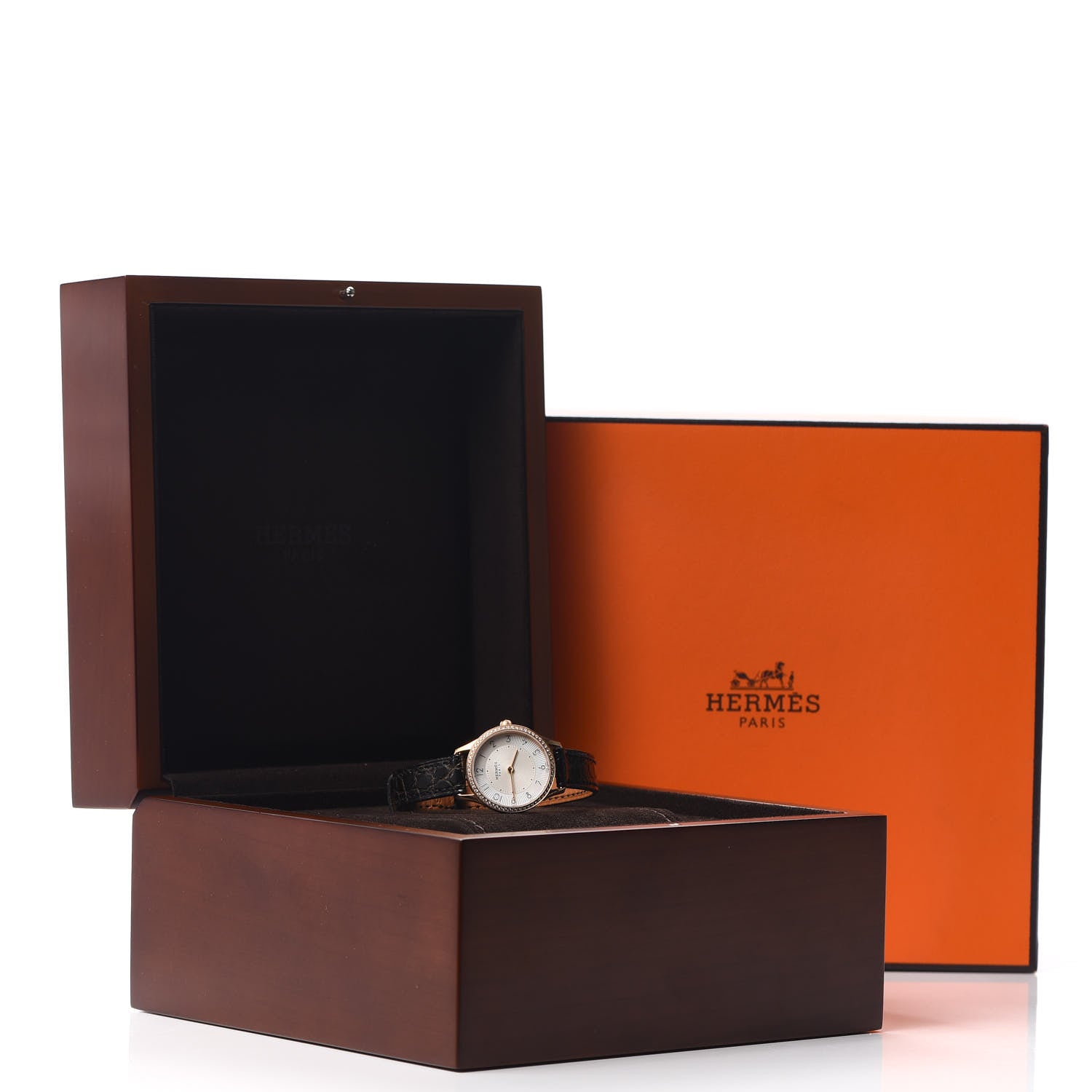 Hermes 18K Rose Gold Alligator Diamond Mother of Pearl 25mm Slim d'Hermes Quartz Watch Noir 5 of 5