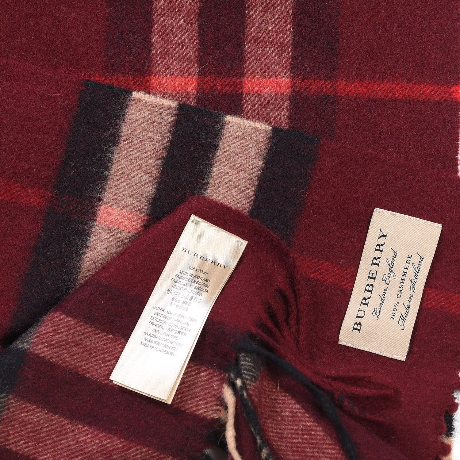 Burberry Cashmere Giant Check Icon Stripe Fringe Scarf Claret 4 of 4