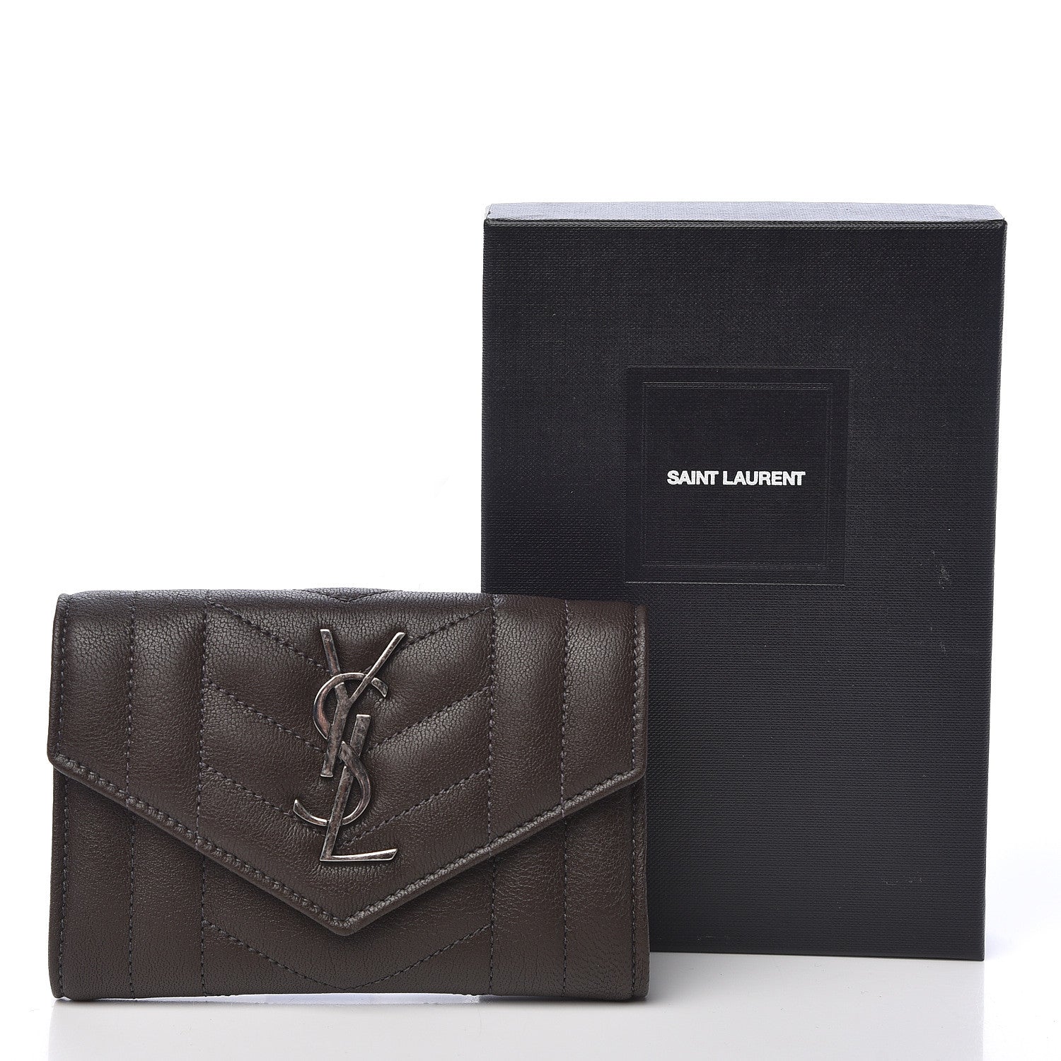 Saint Laurent Lambskin Mixed Matelasse Chevron Small Monogram Envelope Wallet Dark Brown 8 of 8
