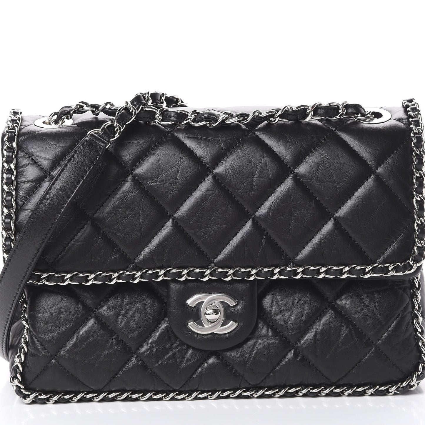 Crumpled Calfskin Medium Chain Flap Black