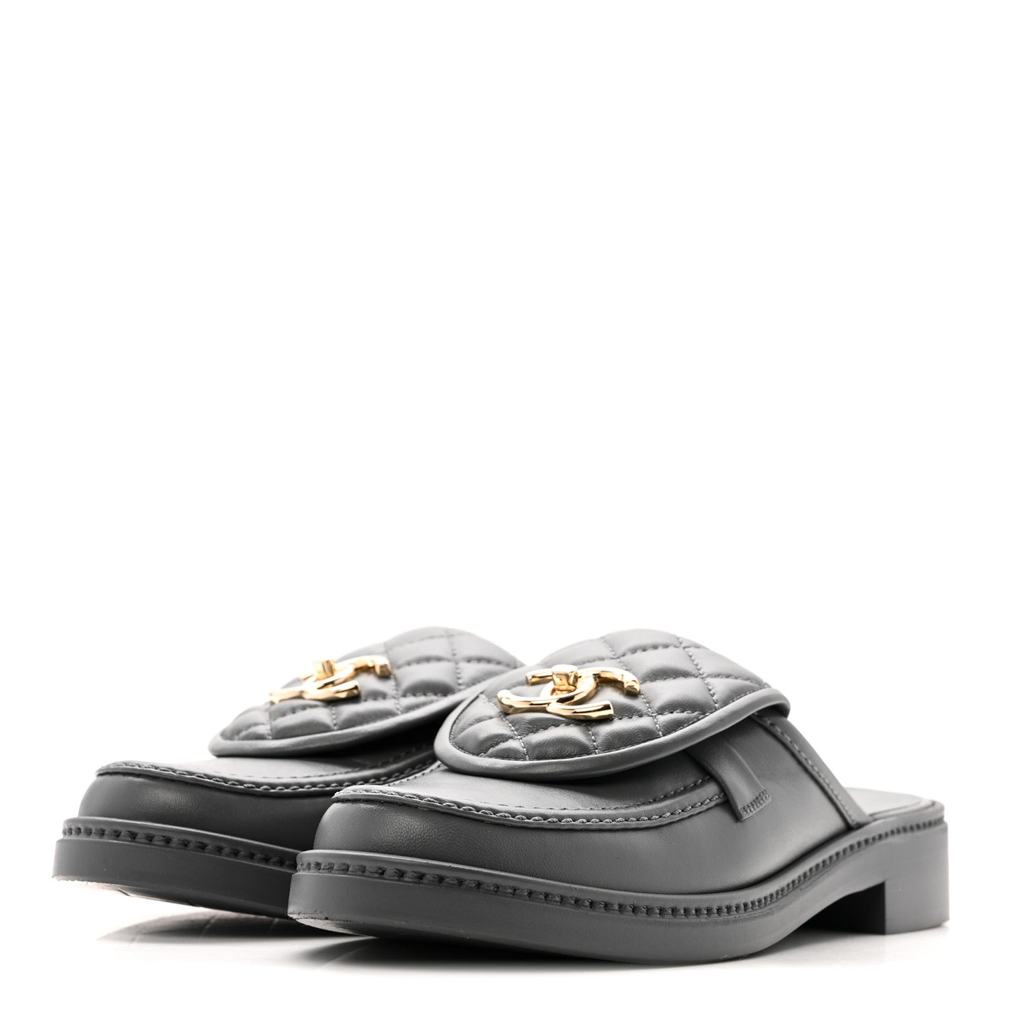 Lambskin Quilted CC Turnlock Mules 37.5 Grey