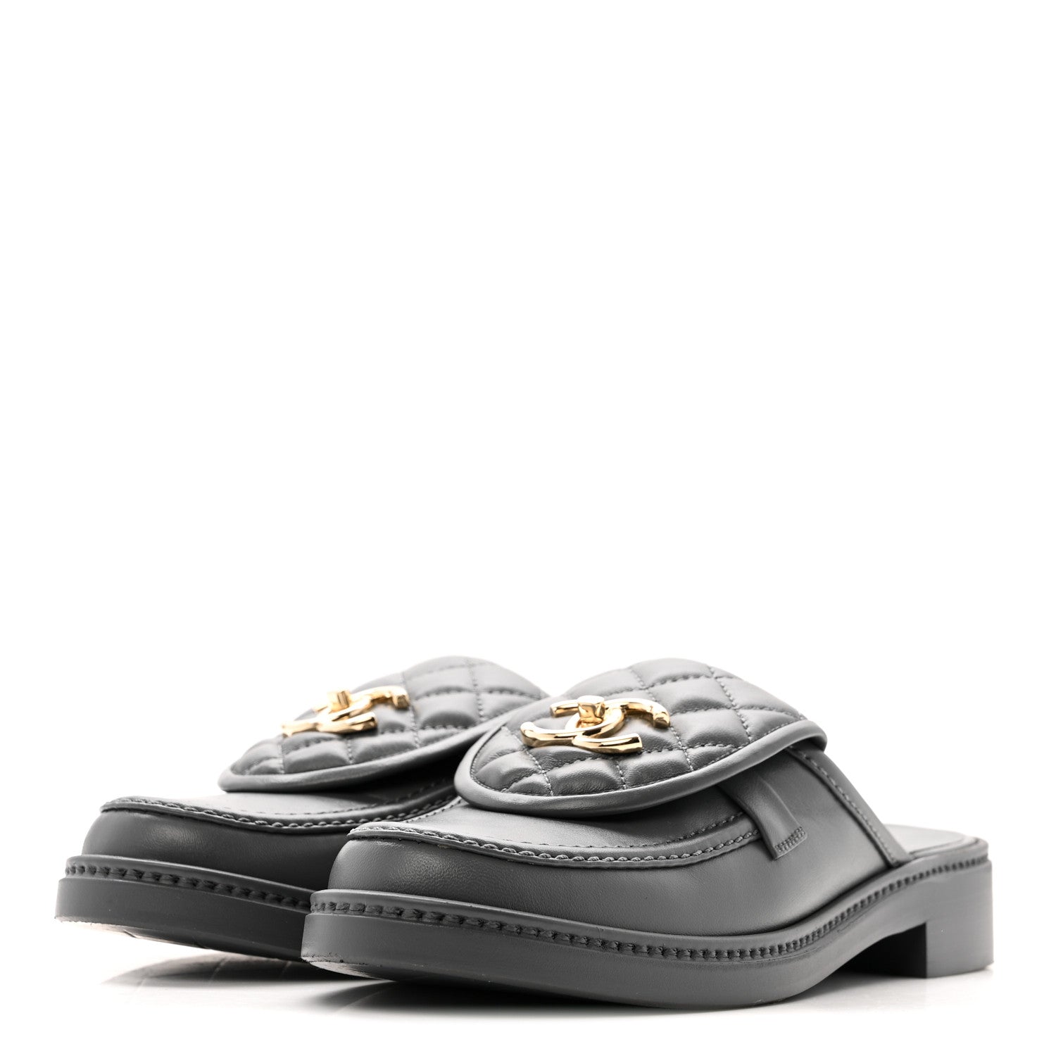 Chanel Lambskin Quilted CC Turnlock Mules 37.5 Grey 4 of 13