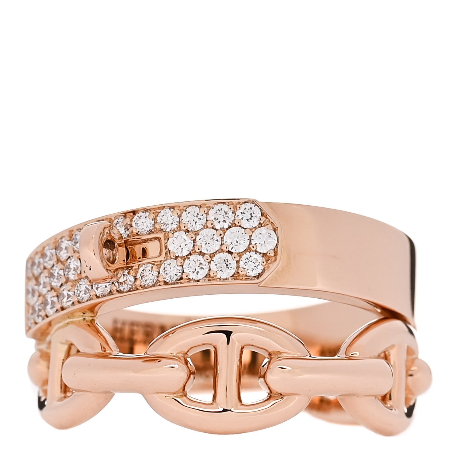 Hermes 18K Rose Gold Diamond Kelly Double Tour Pave Ring 51 5.75 1 of 7