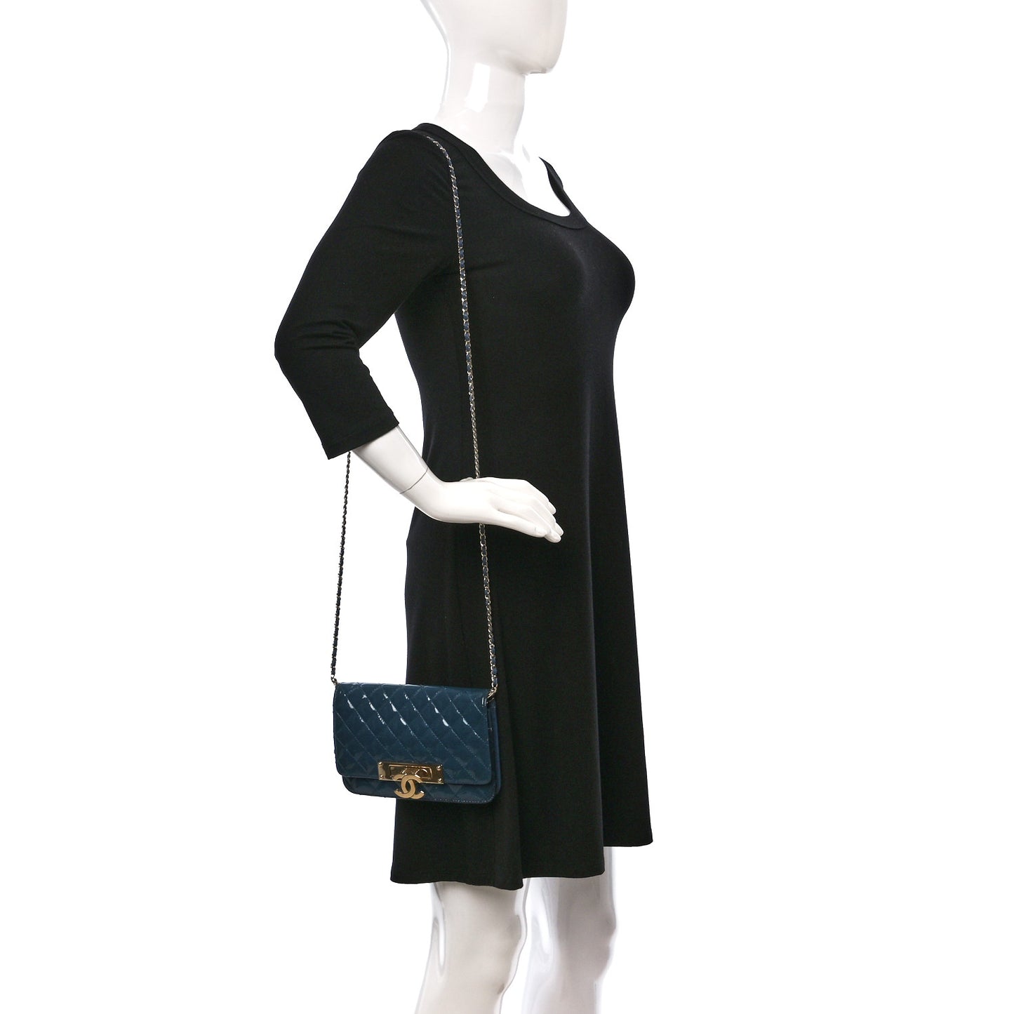 Patent Quilted Golden Class Wallet on Chain WOC Blue