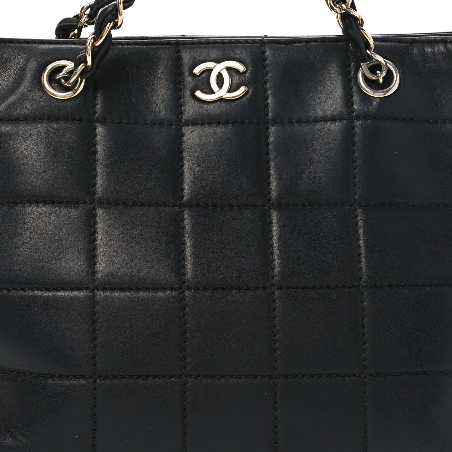 Calfskin Stitched Chocolate Bar Shopping Tote Black
