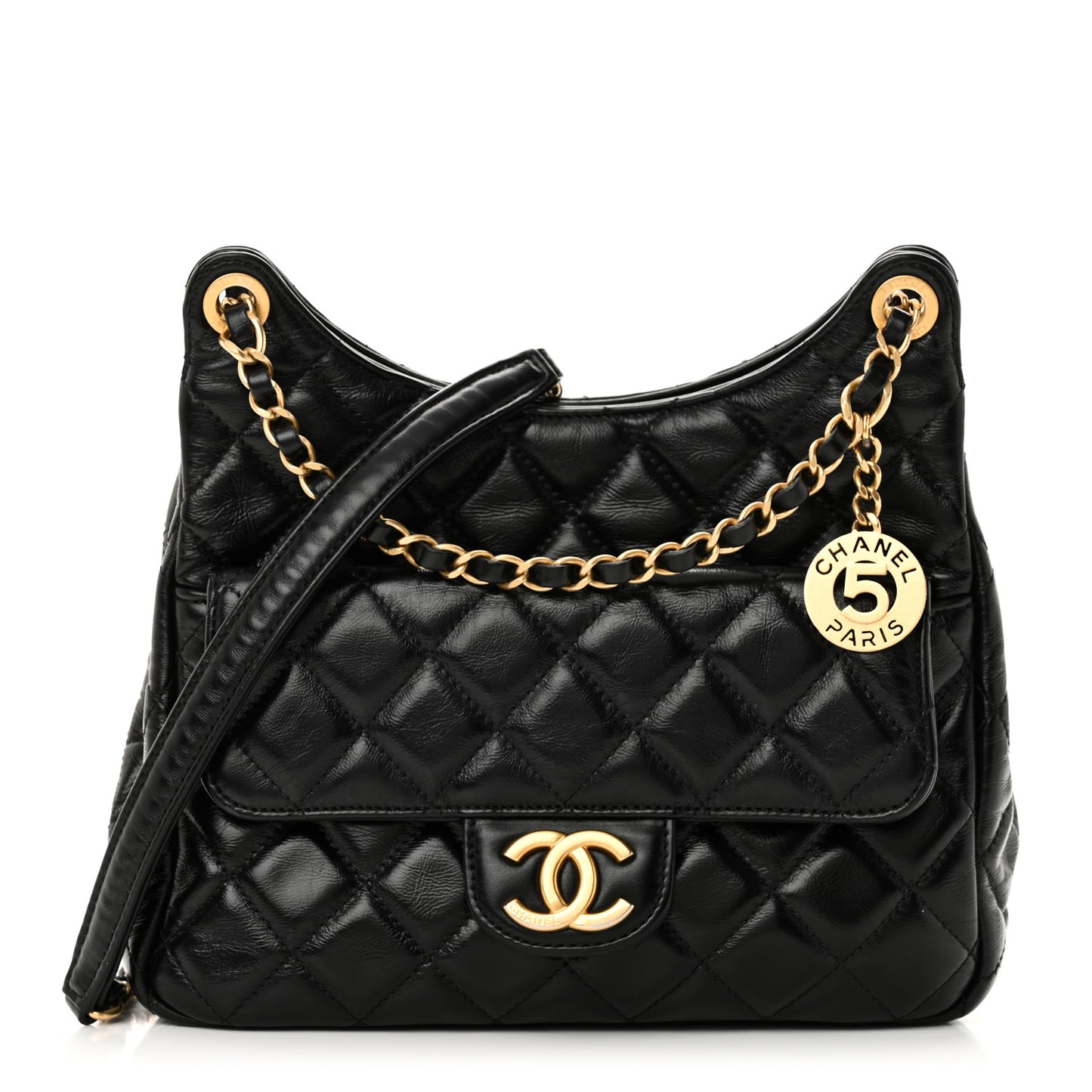 Shiny Crumpled Calfskin Quilted Wavy CC Hobo Black