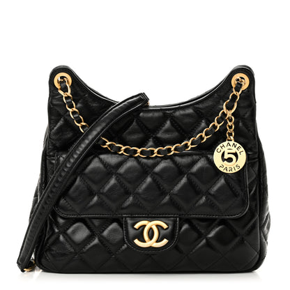 Chanel Shiny Crumpled Calfskin Quilted Wavy CC Hobo Black 1 of 11