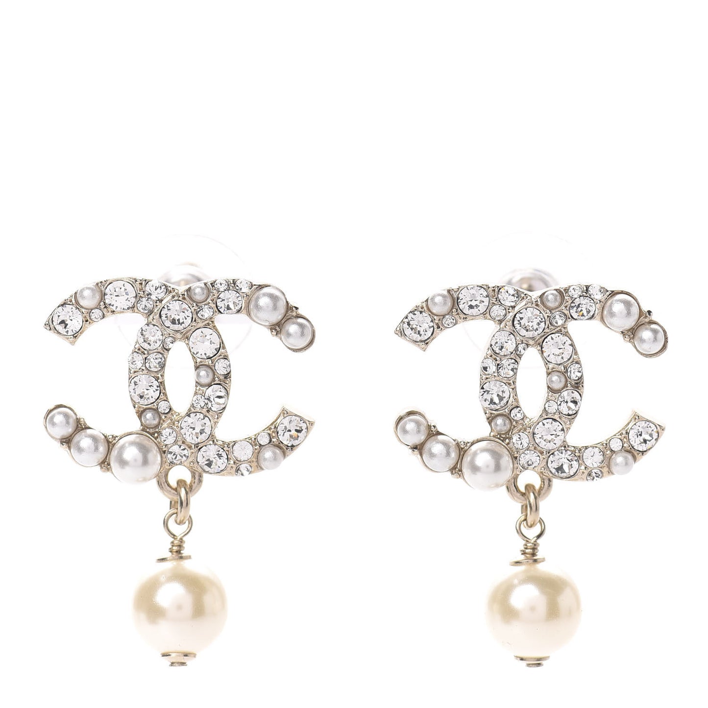 Crystal Pearl CC Drop Earrings Gold