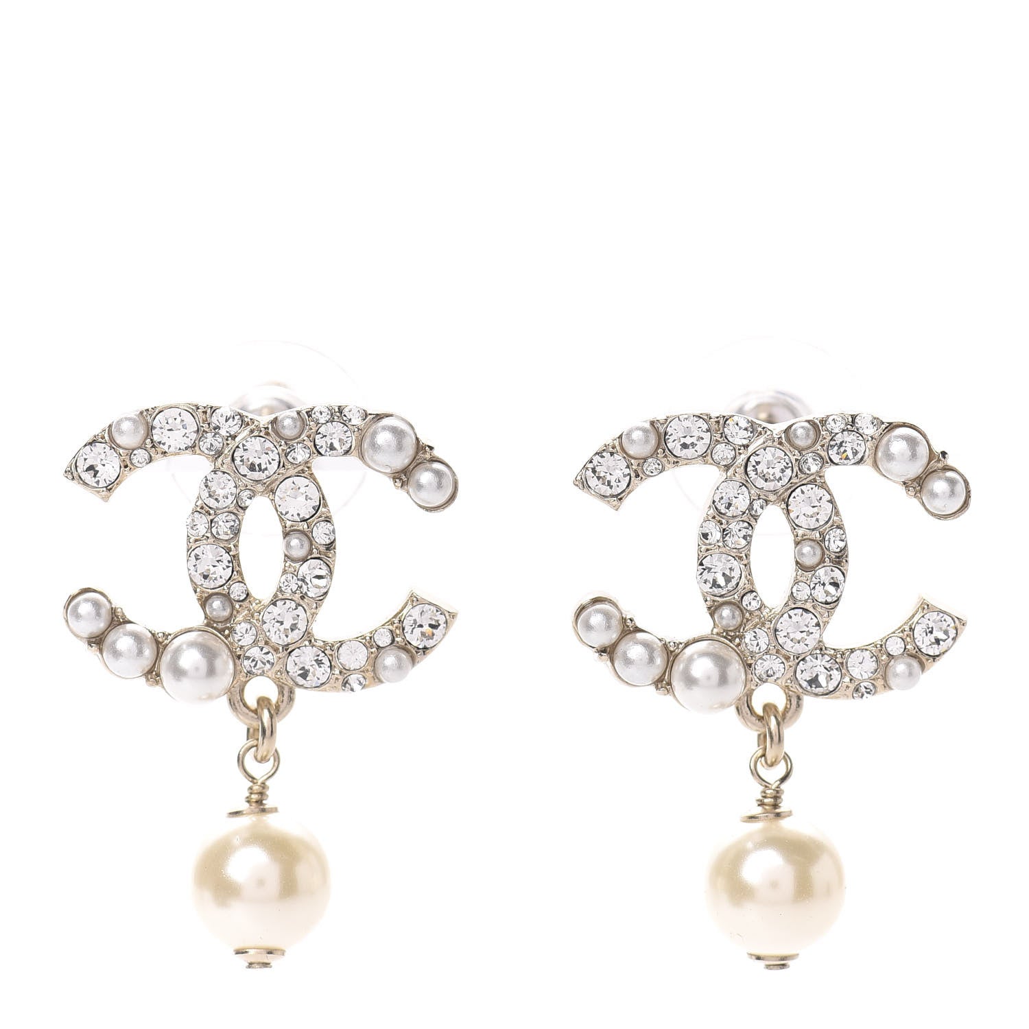 Chanel Crystal Pearl CC Drop Earrings Gold 1 of 5