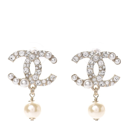 Chanel Crystal Pearl CC Drop Earrings Gold 1 of 5