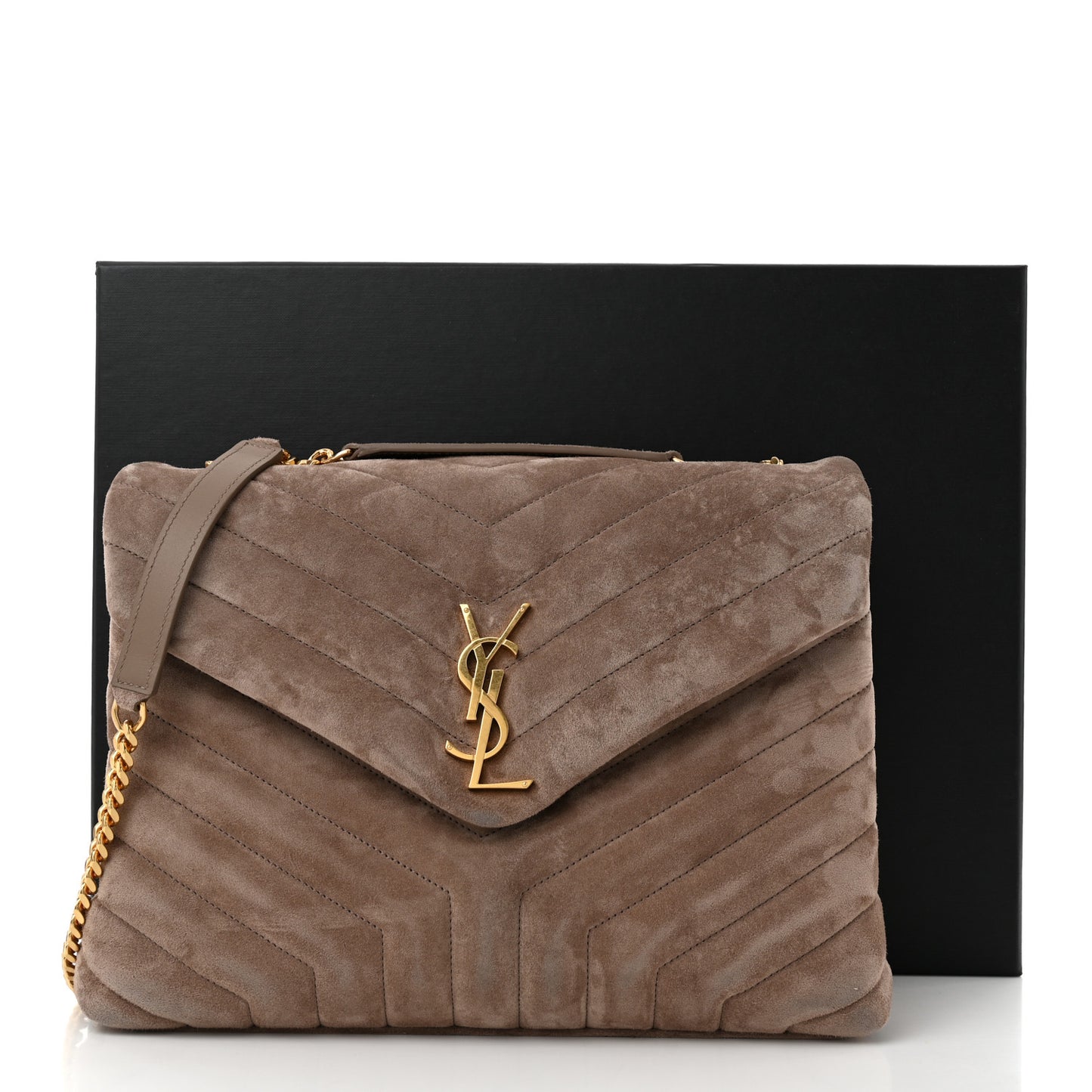 Suede Y Quilted Monogram Medium Loulou Chain Satchel Taupe