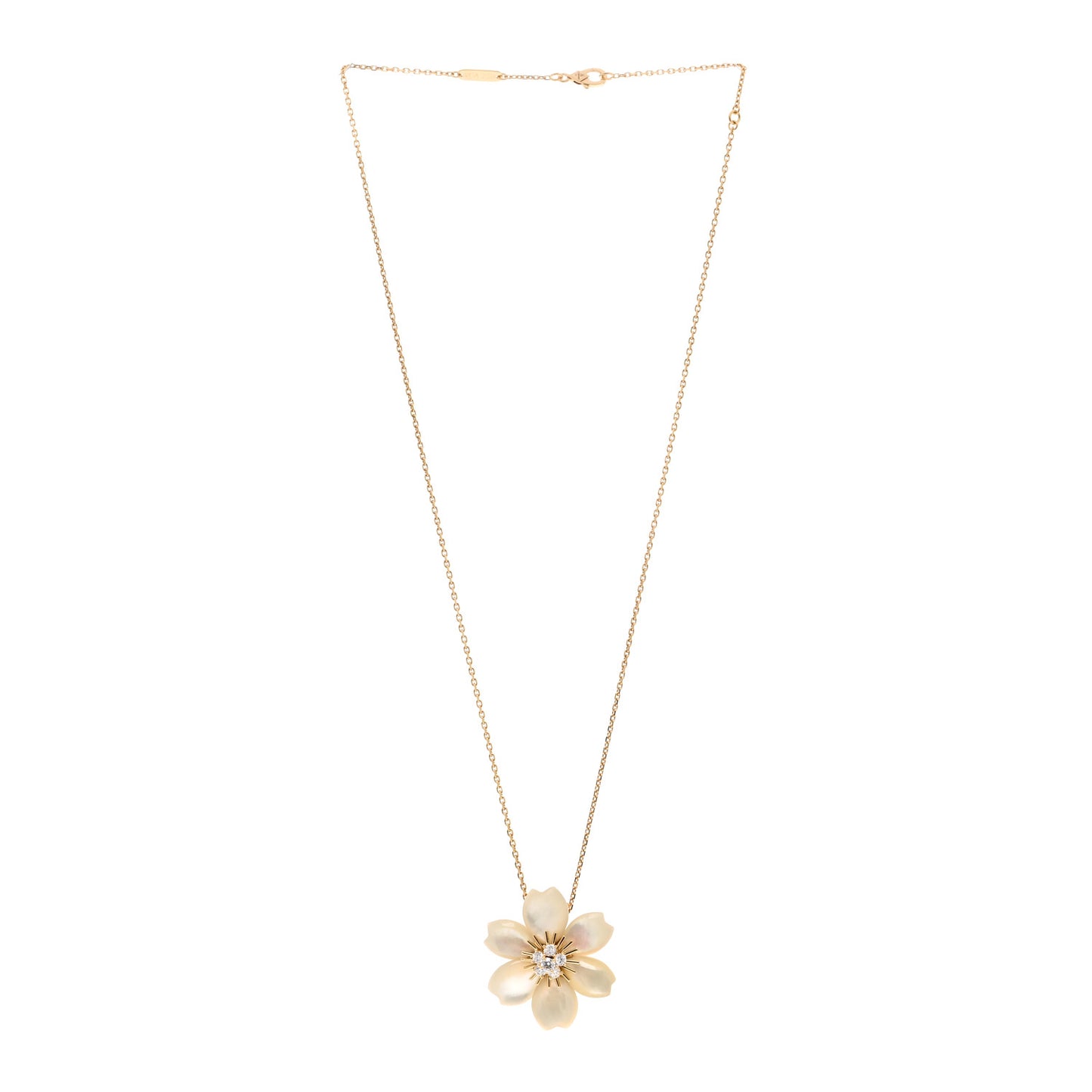 18K Yellow Gold Diamond Mother of Pearl Small Rose De Noel Clip Pendant Necklace
