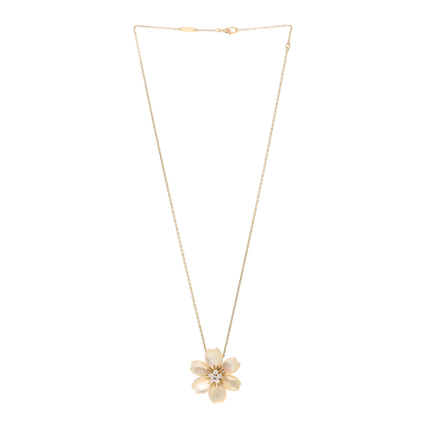 Van Cleef & Arpels 18K Yellow Gold Diamond Mother of Pearl Small Rose De Noel Clip Pendant Necklace 3 of 6