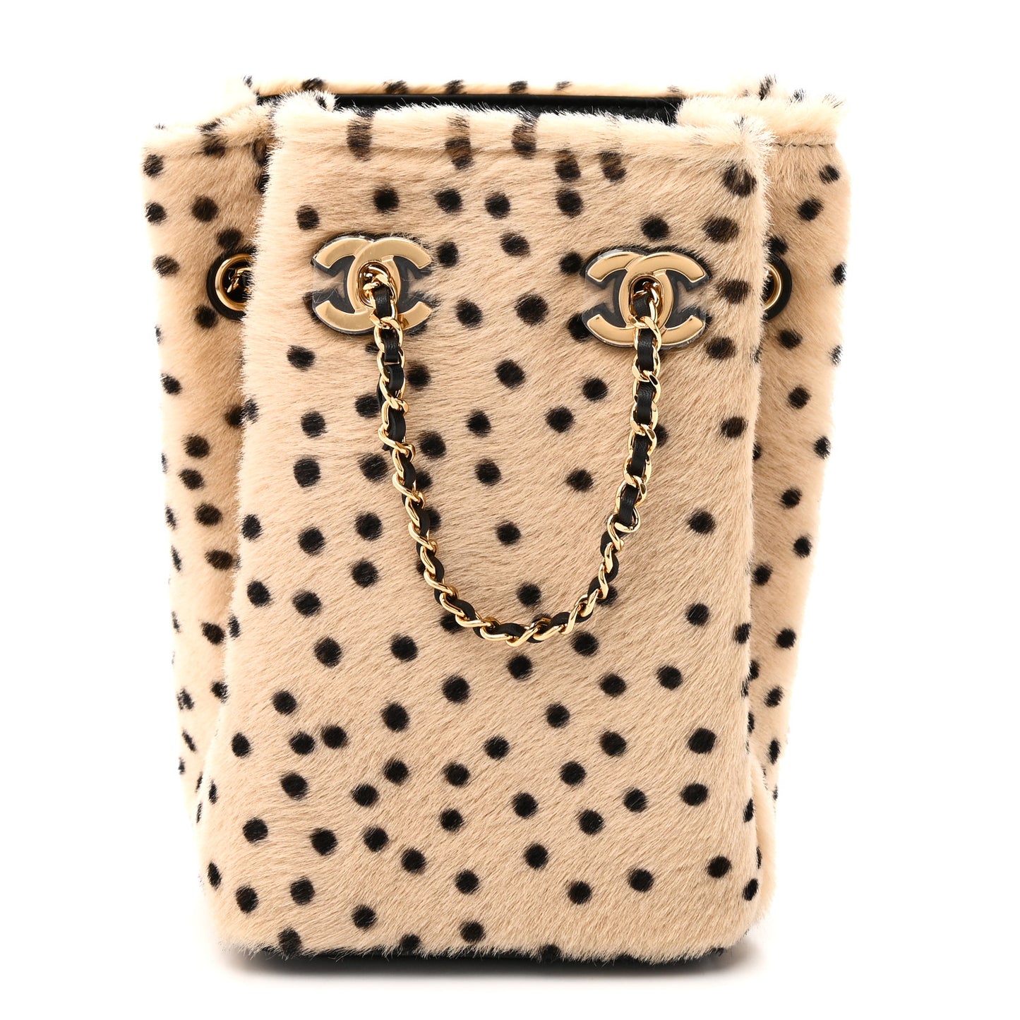 Pony Hair Cheetah Printed CC Chain Bucket Bag Light Beige Black