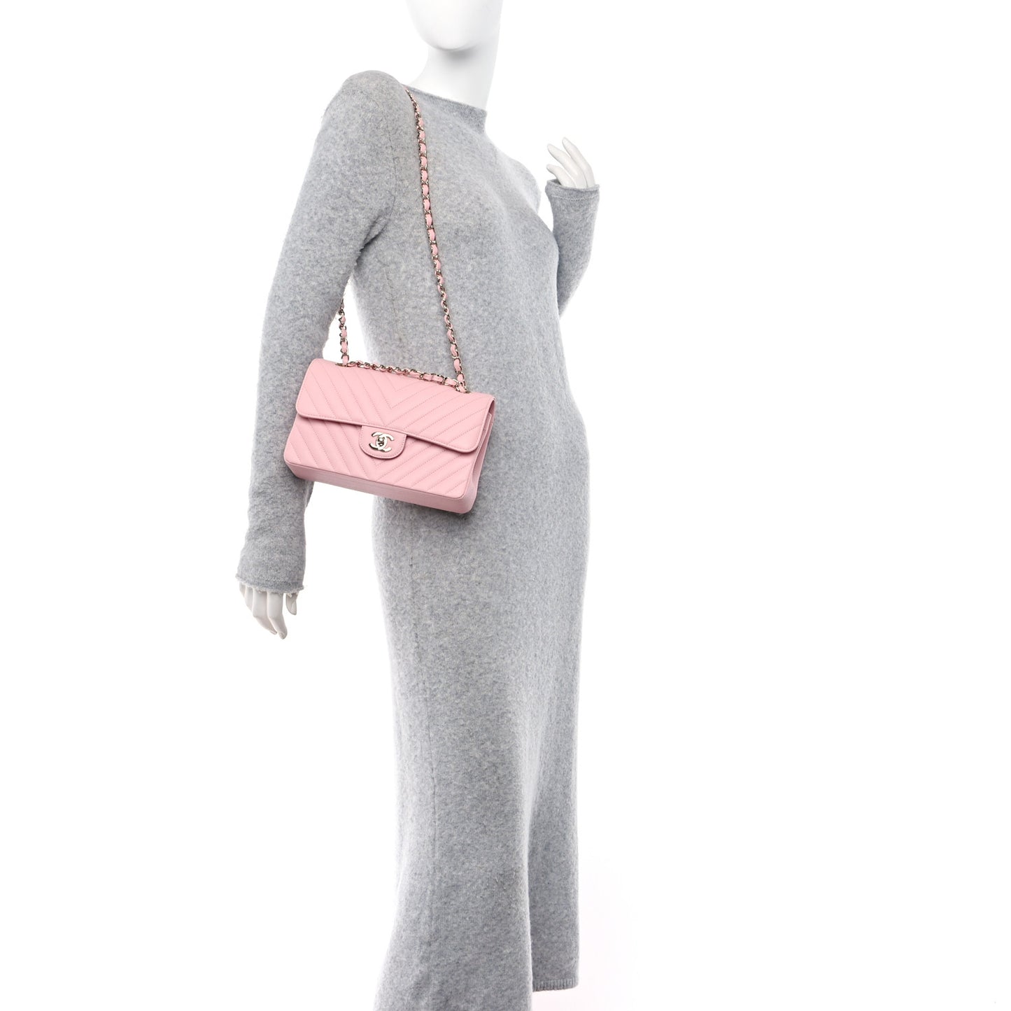 Caviar Chevron Quilted Small Double Flap Pink
