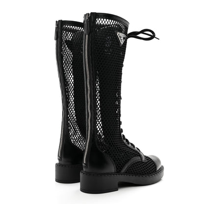 Prada Rete Spazzolato Rois Metal Triangle Logo Womens Knee High 50mm Boots 35.5 Black 4 of 8
